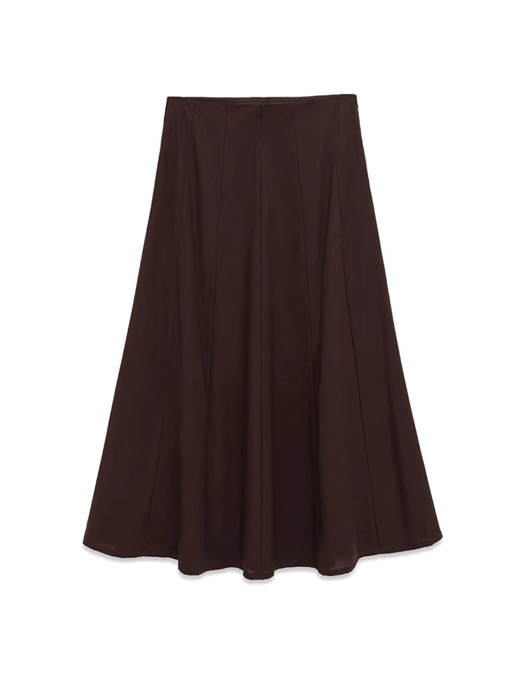 Women's High Waist Brown Pleated Midi Skirt with Side Zipper Female Skirts for Elegant Fashion