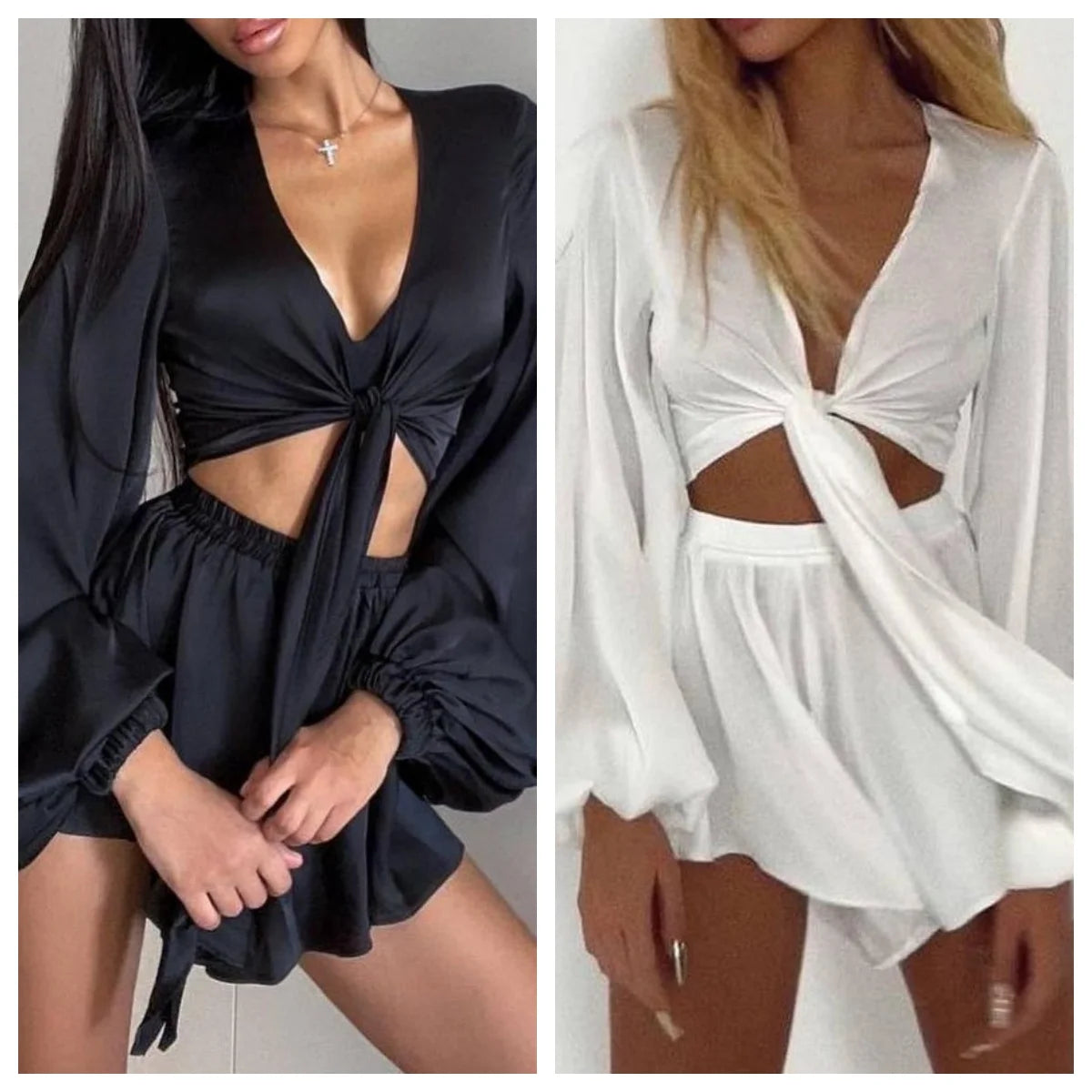 Fashion Women's Pajamas Sets Sexy V-Neck Sleepwear Long Sleeve Lace Up Nightwear Shorts Summer Femme Pyjamas Suits