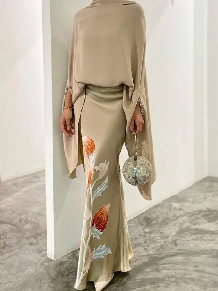 UOOZEE Elegant Skirt Suits 2025 New Women Two Piece Set Solid Color High Neck Tops & Vintage Floral Printed High Wiast Skirts