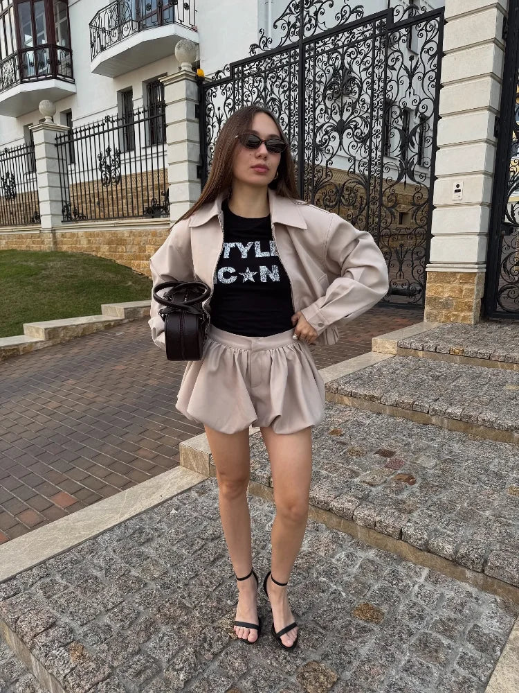 Trendy Women's Shorts Suits Set Beige Lapel Collar Zip Up Long Sleeve Jacket and High Waist Bubble Skorts Casual Coat Streetwear